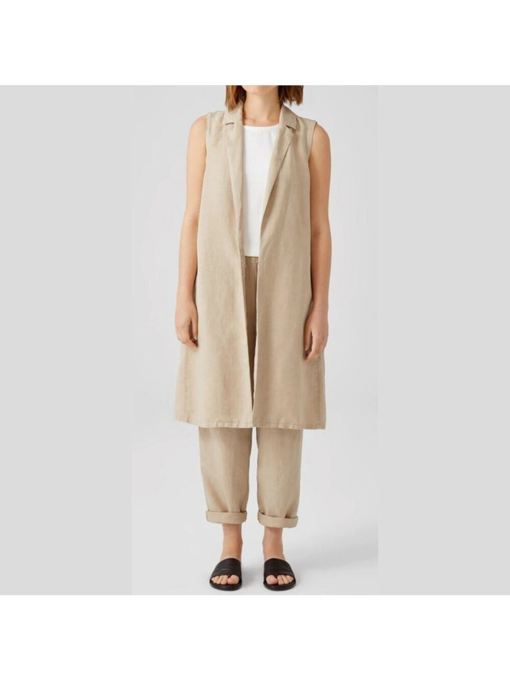 Eileen Fisher Long Vest Linen Tencel Khaki Tan Open Front Minimalist, Size XS